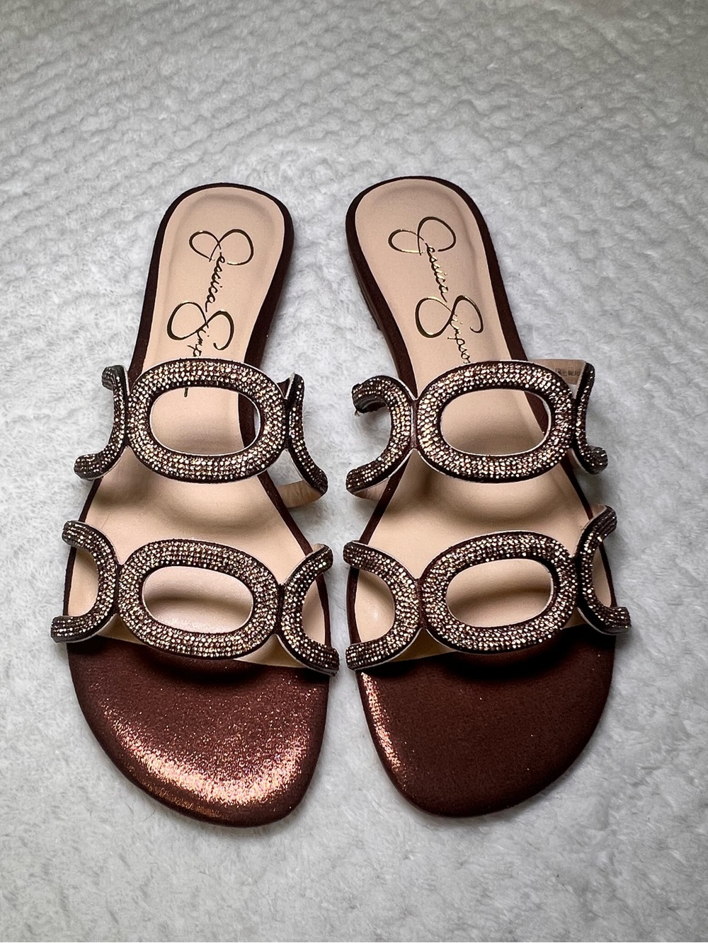 Jessica Simpson Metallic Bronze Crystal-Trim Slide Sandals